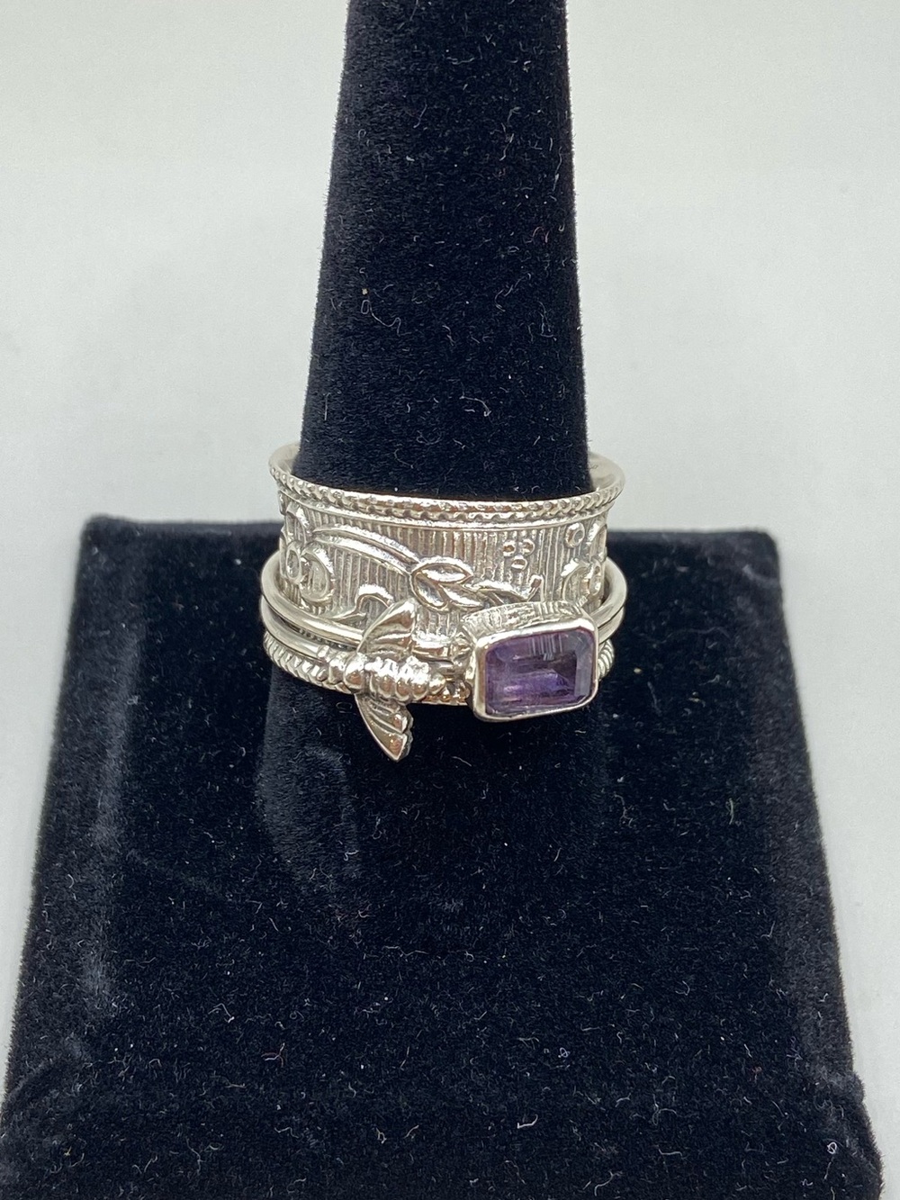 Sterling Silver Amethyst Bee Spinner Wide Band Ring